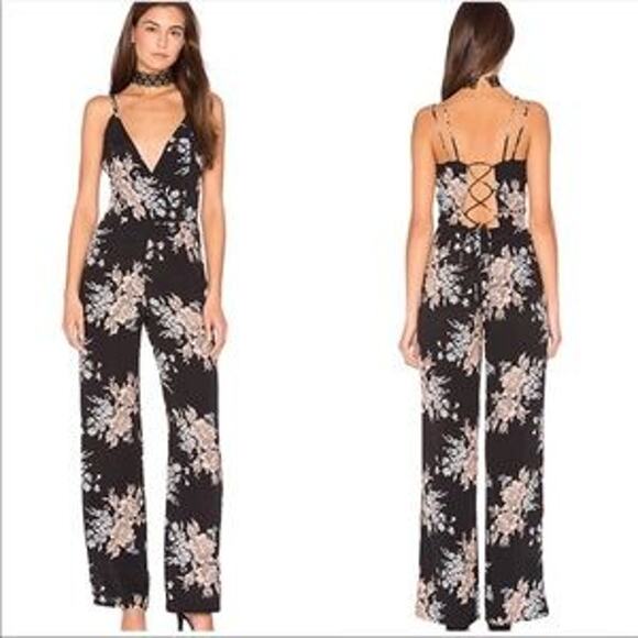 Privacy Please Pants - Privacy Please Black Floral Dale Sleeveless V-Neck Jumpsuit Women's Small